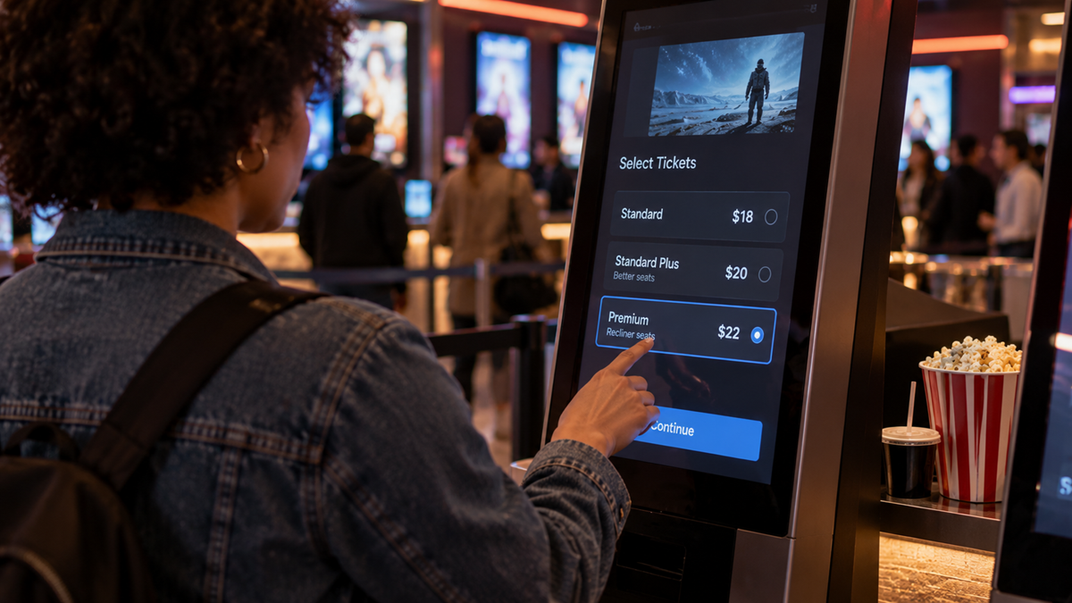A person uses a self-service kiosk at a movie theater to select tickets. Options for Standard, Standard Plus, and Premium are visible. Popcorn and a drink are on the counter nearby.