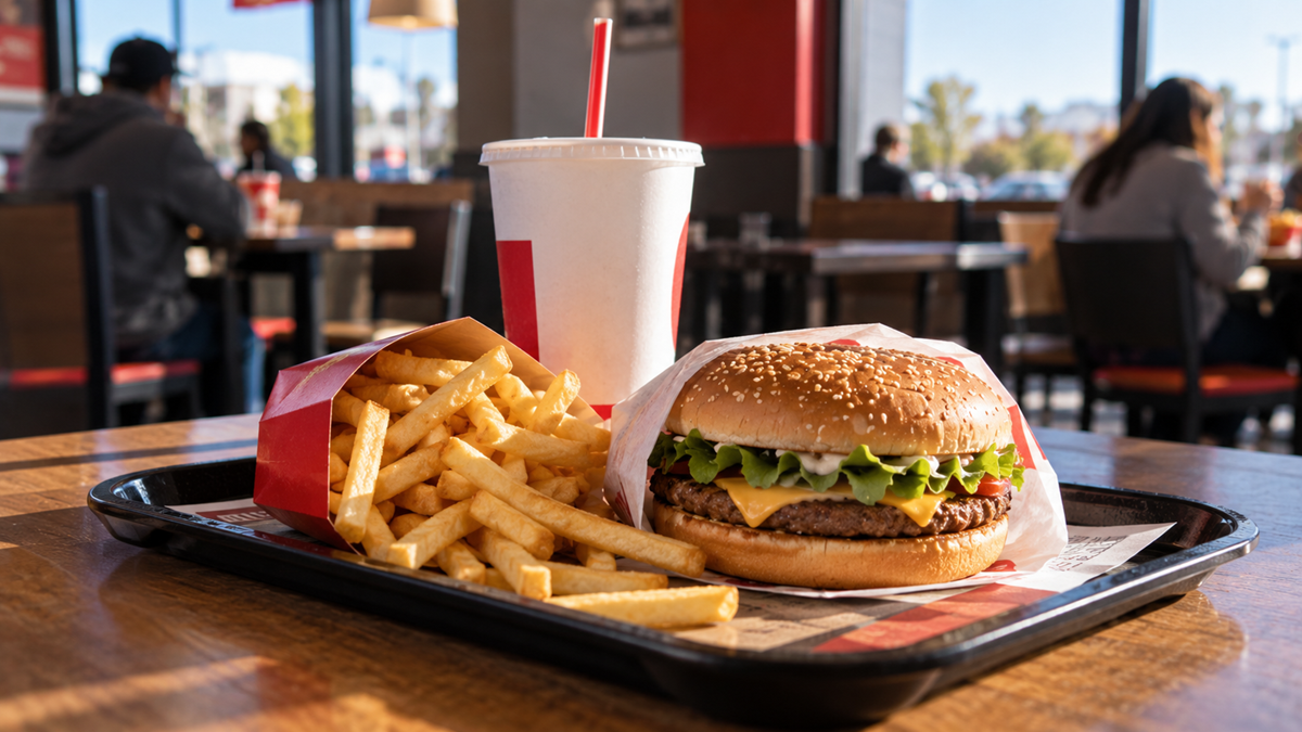 A tray with a cheeseburger, fries, and a large drink sits on a table in a fast food restaurant with people dining in the background.