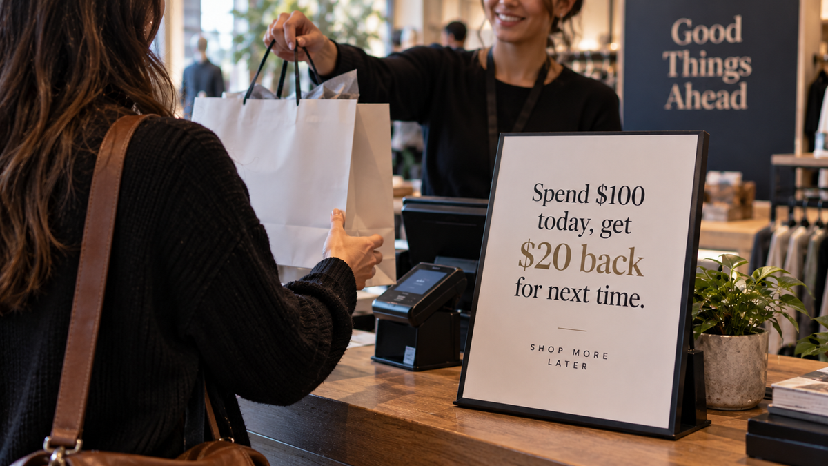 A cashier hands a shopping bag to a customer across a counter. A sign on the counter reads, “Spend $100 today, get $20 back for next time.” Plants and shelves can be seen in the background.