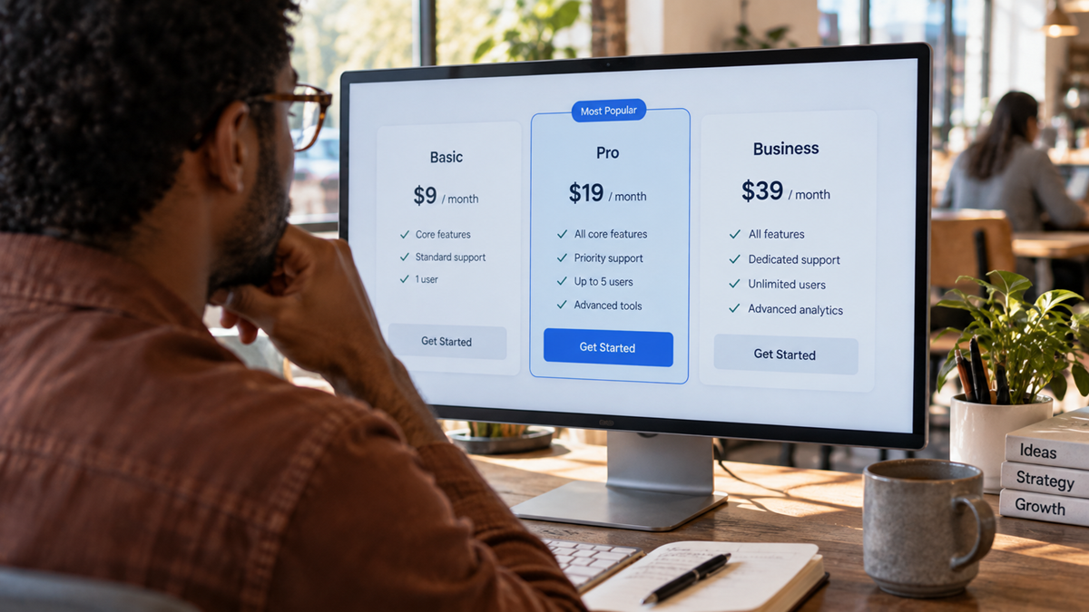 A person looks at a computer screen displaying pricing plans: Basic at $9, Pro at $19 (highlighted), and Business at $39, each with different features and “Get Started” buttons.