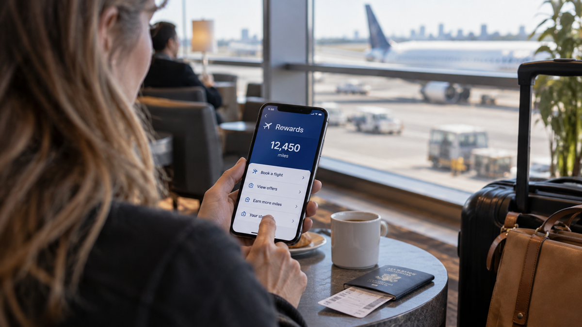 A person at an airport lounge checks airline rewards on their phone, with a coffee, passport, and boarding pass on the table, and planes visible outside the window.