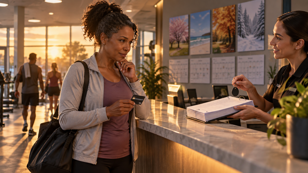 A woman holding a gym bag and credit card listens to a receptionist behind a counter, who is pointing to a sign-in sheet. Large windows show a gym area and sunset outside. Wall art features seasonal tree photos.