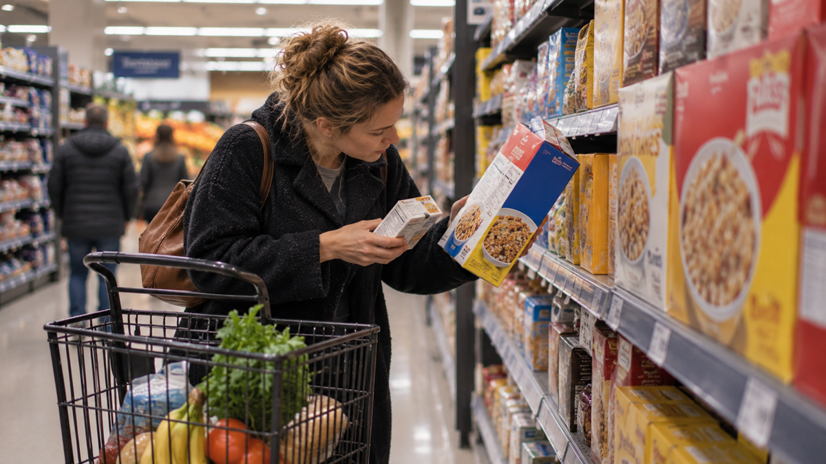 Deals. A woman in a grocery store compares two cereal boxes while holding a shopping cart filled with produce, bread, and groceries. Other shoppers are seen in the background along the aisles.