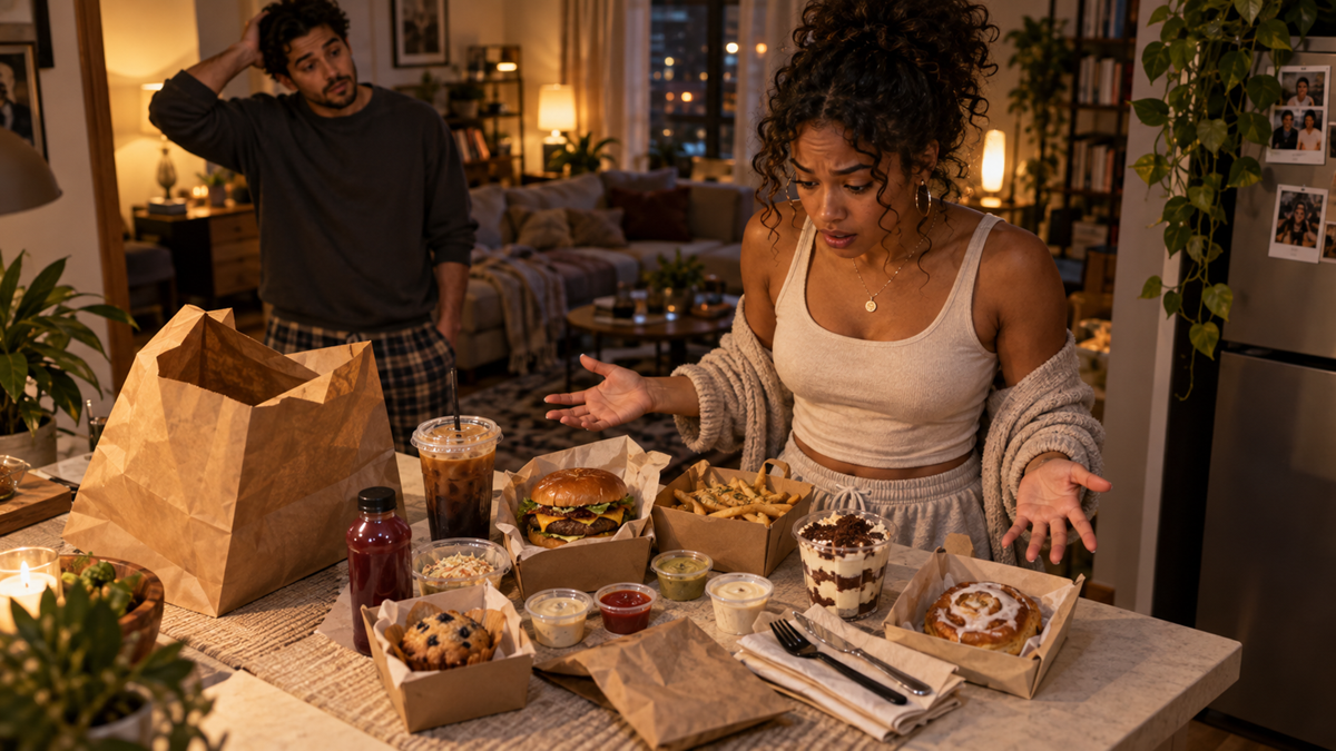 A woman looks overwhelmed by a large spread of takeout food on a kitchen counter, while a man stands in the background, watching her with a puzzled expression.