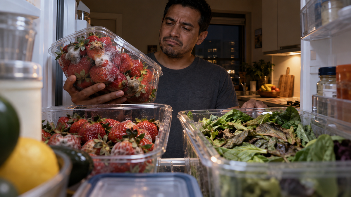 A man stands in front of an open fridge, looking unhappily at a container of moldy strawberries among other containers of spoiled produce and leafy greens.