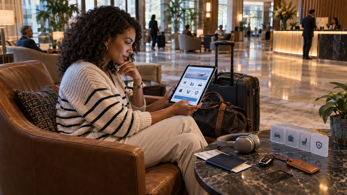 A woman sits in a hotel lobby with luggage, looking at a tablet. Travel items like a passport, boarding pass, and headphones are on the table beside her. The lobby is spacious and busy with other guests.