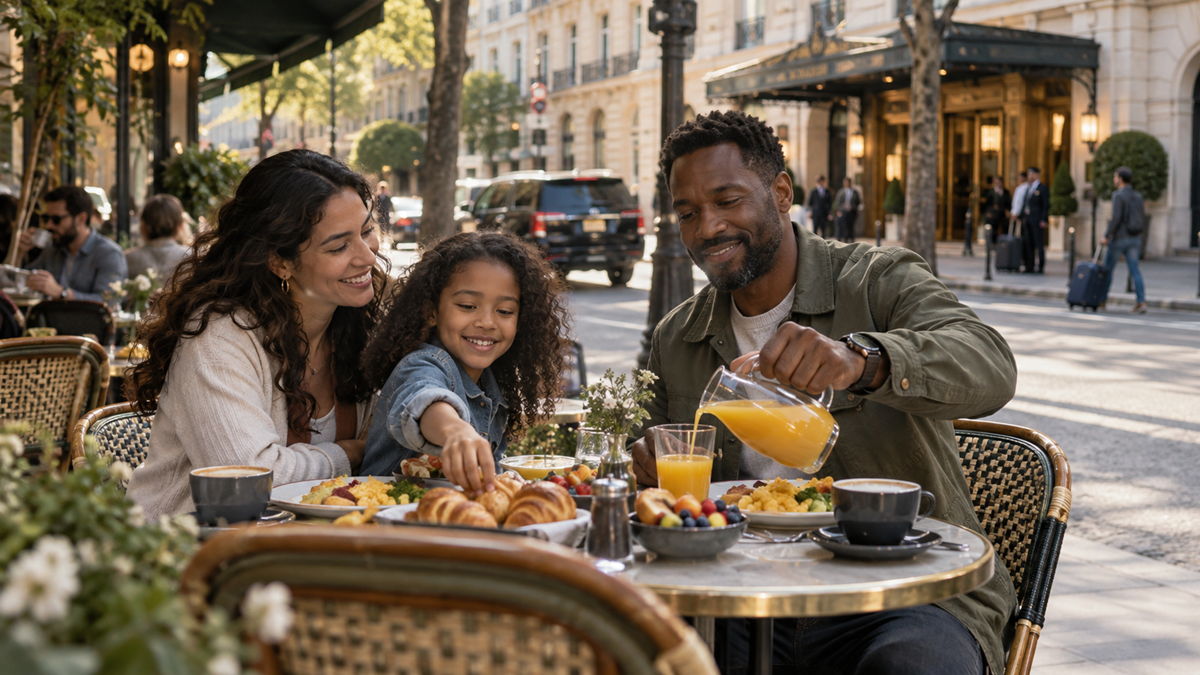 A family of three enjoys breakfast outdoors at a café, sharing pastries and fruit. The man pours orange juice while the woman and girl smile. City buildings and greenery are visible in the background.