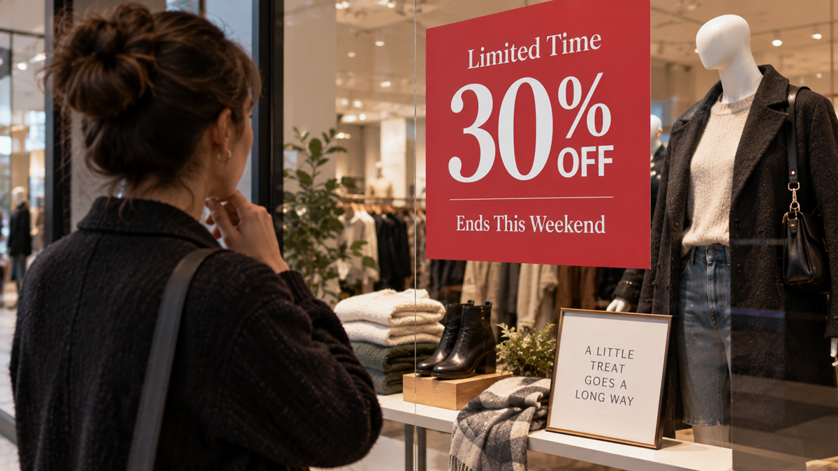 A woman looks at a store window display with a red sign that says “Limited Time 30% OFF Ends This Weekend.” Clothing and accessories are arranged next to a mannequin and a framed quote.
