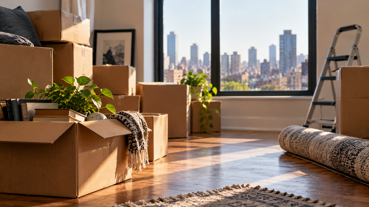 Sunlit room with moving boxes, houseplants, a ladder, and a rolled-up rug on a wooden floor. Large window shows a city skyline in the background.