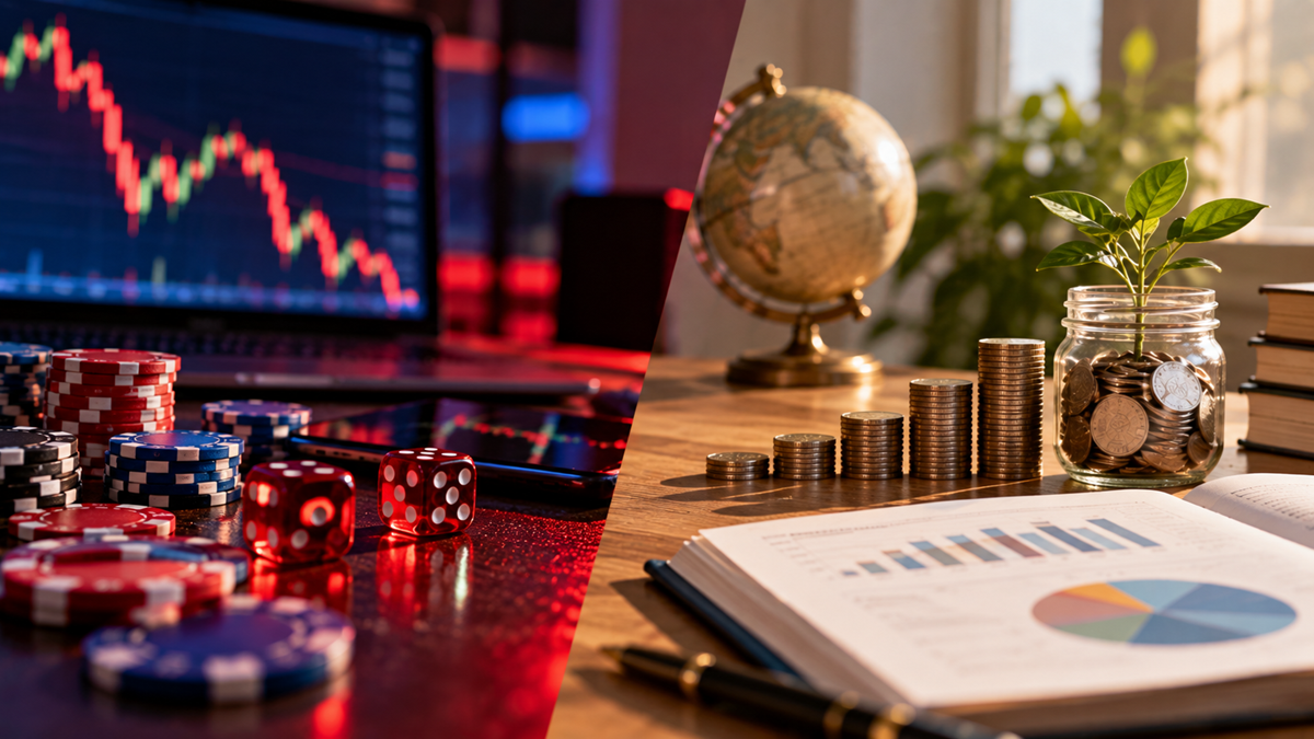 A split image: on the left, poker chips, dice, and a declining stock chart; on the right, stacked coins, a plant in a jar of coins, books, a globe, and a financial report with graphs.