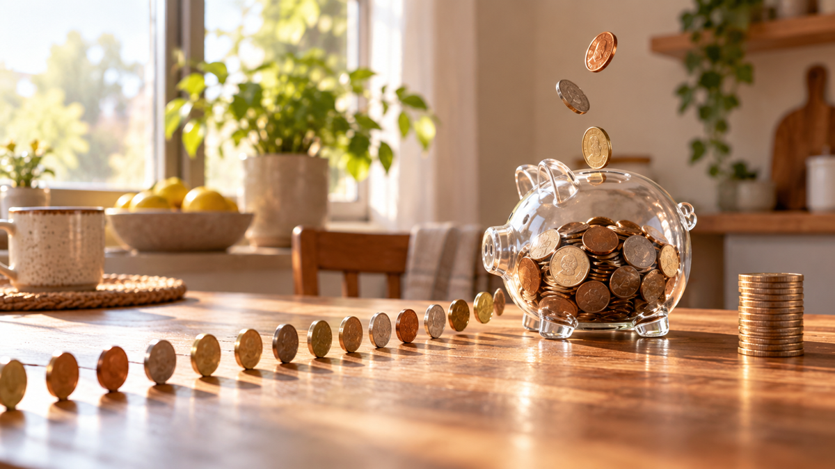 A glass piggy bank filled with coins sits on a wooden table, with coins lined up and a few mid-air above it. Sunlight streams through a window, and there are plants and fruit in the background.