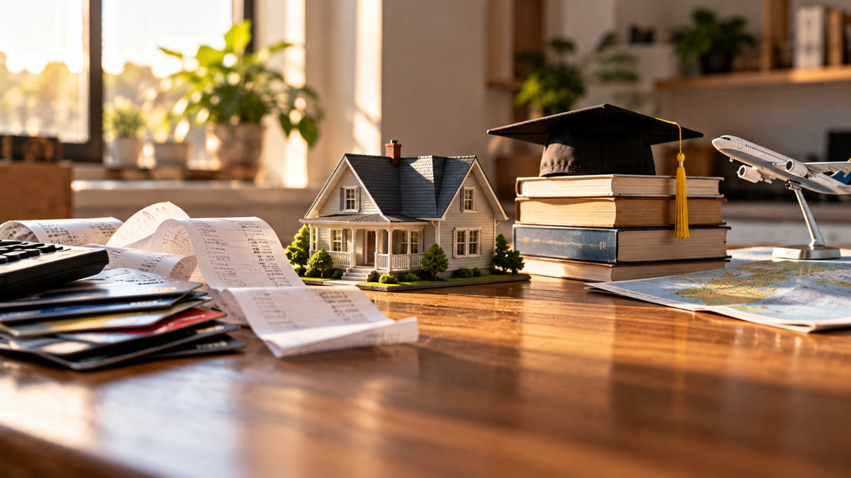 A model house, receipts, credit cards, a stack of books with a graduation cap, and a toy airplane are arranged on a wooden table, suggesting themes of finance, education, travel, and home ownership.