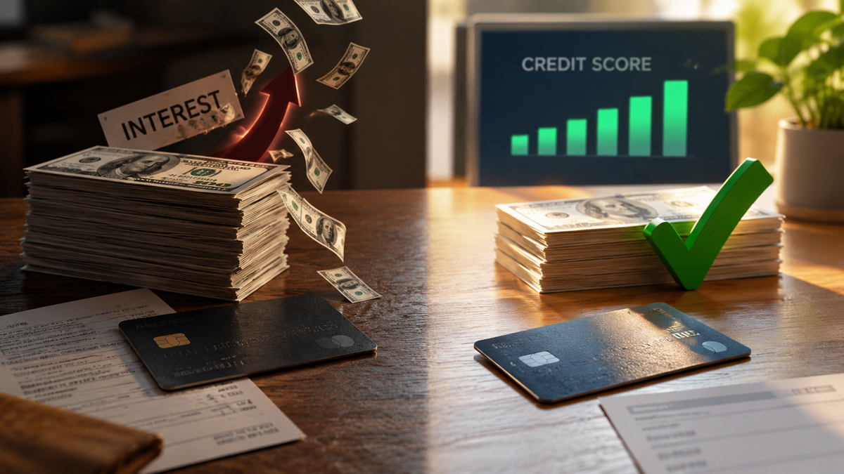 Money. A stack of cash labeled “Interest” with money flying away, and another stack with a green checkmark beside a rising credit score chart, credit cards, and financial documents on a desk.