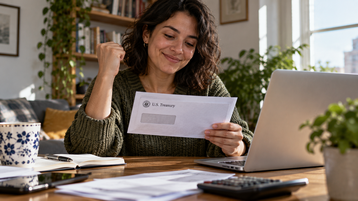 Woman smiling at a U.S. Treasury envelope while sitting at a desk with a laptop, calculator, mug, and papers, appearing happy and satisfied at home.