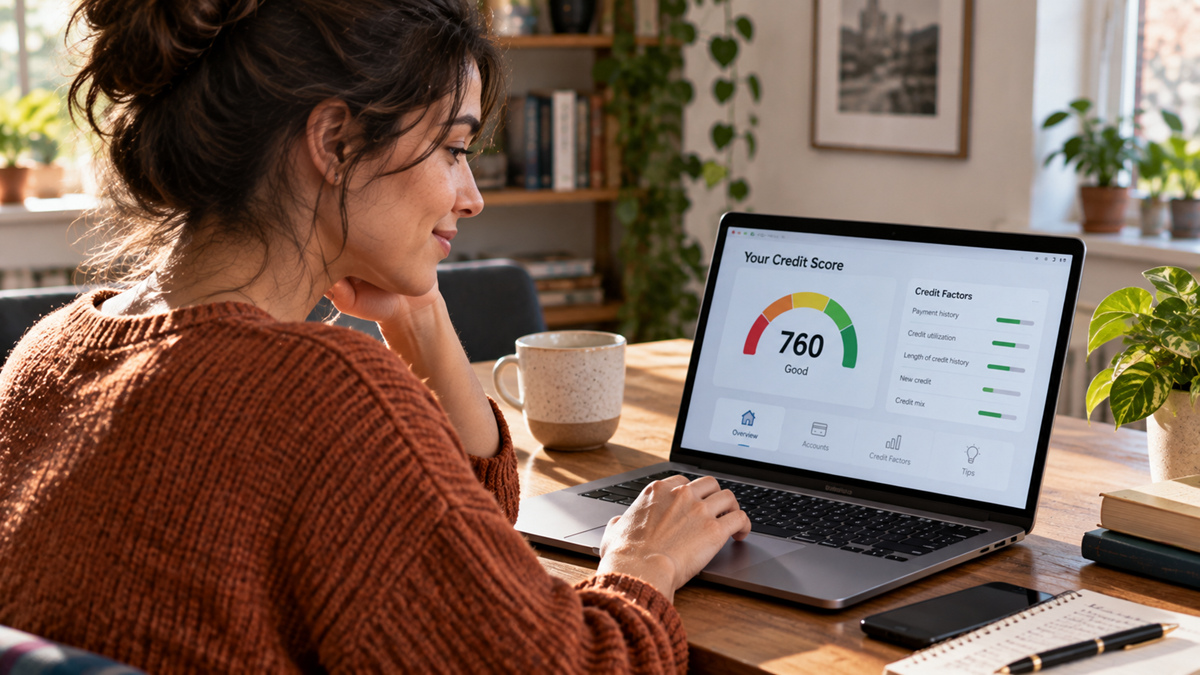 A woman sits at a desk using a laptop displaying her credit score of 760, labeled “Good,” along with credit factors and colorful graphs. The room is bright and decorated with plants and bookshelves.