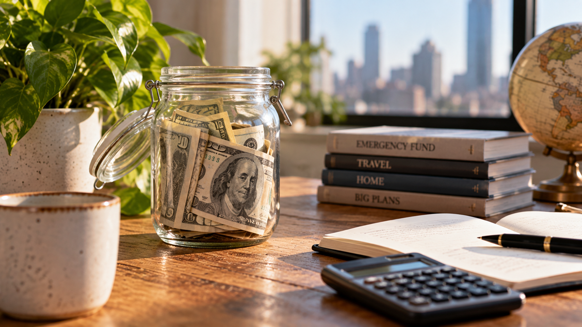 A jar filled with U.S. dollar bills sits on a desk beside a notebook, calculator, coffee mug, small globe, houseplant, and stacked books labeled for different savings goals, with a cityscape visible through the window.