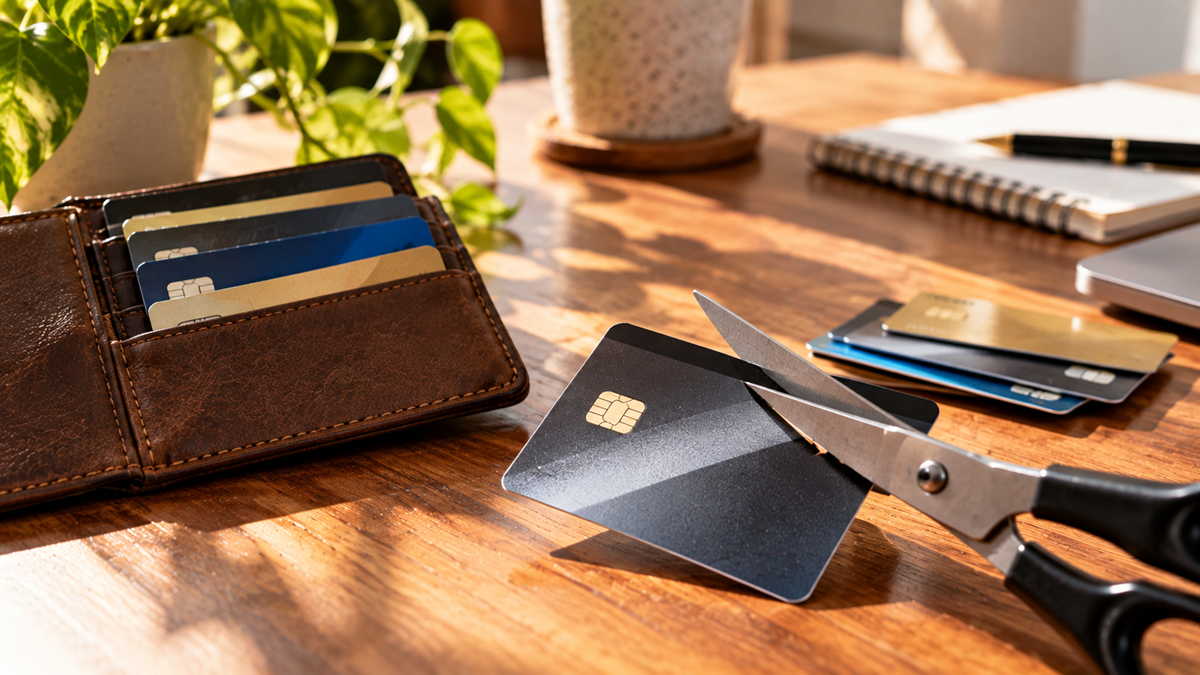 A hand cuts a credit card with scissors on a wooden desk near a wallet with cards, a plant, a notepad, and a pen, suggesting financial management or canceling a credit card.
