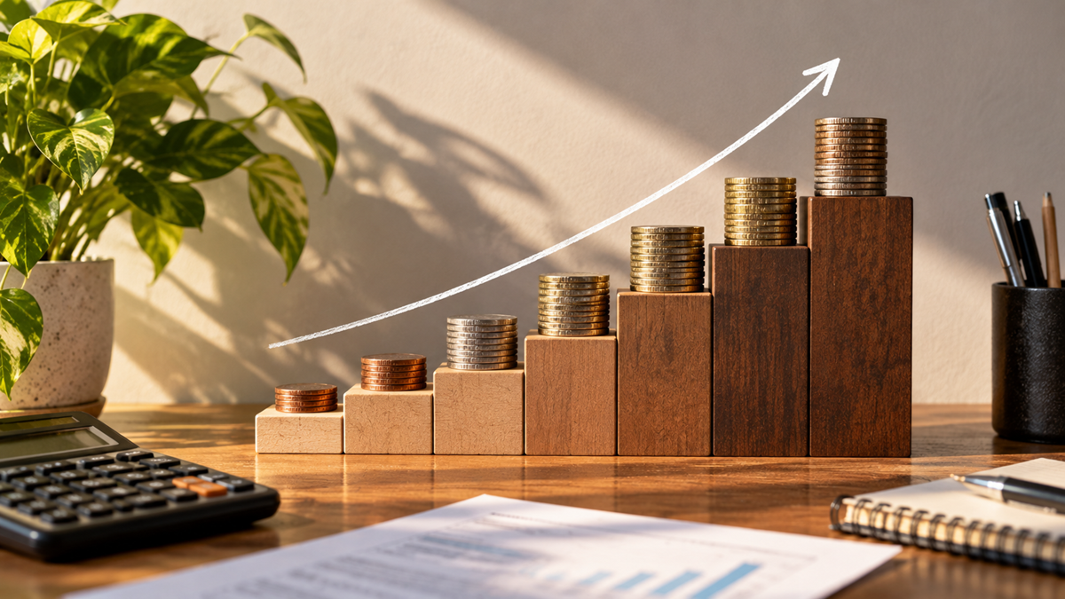 Stacks of coins on wooden blocks increase in height from left to right, with an upward arrow drawn above them. A calculator, notebook, and plant are on the desk, suggesting financial growth or investment.