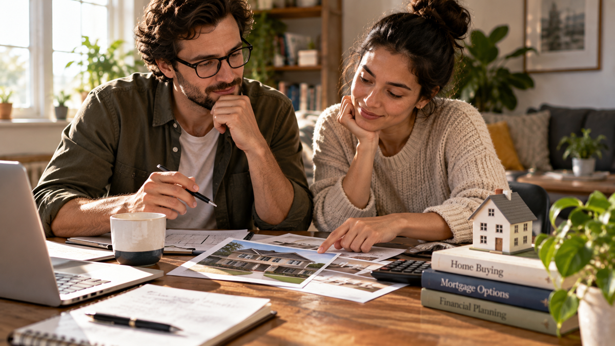 A man and woman sit at a table looking at house photos and paperwork. Books about home buying and a model house are nearby, suggesting they are planning to purchase a home.