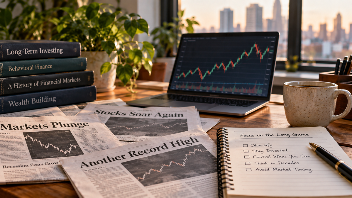 A desk with newspapers about stock market highs and plunges, a laptop showing a rising stock chart, a coffee mug, plants, and a notepad listing long-term investment tips, with a city skyline visible outside the window.