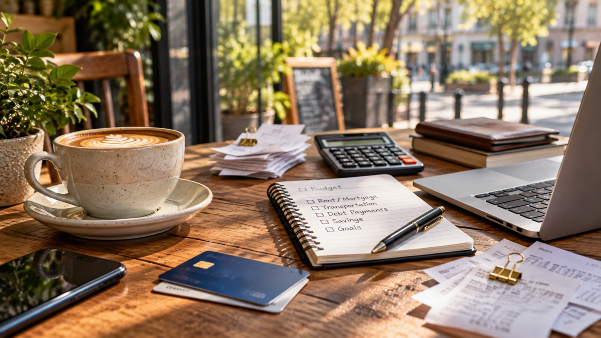 Notebook with budget checklist, coffee cup, calculator, receipts, credit card, pen, and laptop on a wooden table by a window, with sunlight and greenery outside.