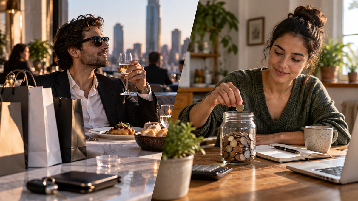 A man dines at a city restaurant with shopping bags, while a woman at home puts coins in a jar, suggesting contrasting lifestyles of spending and saving.
