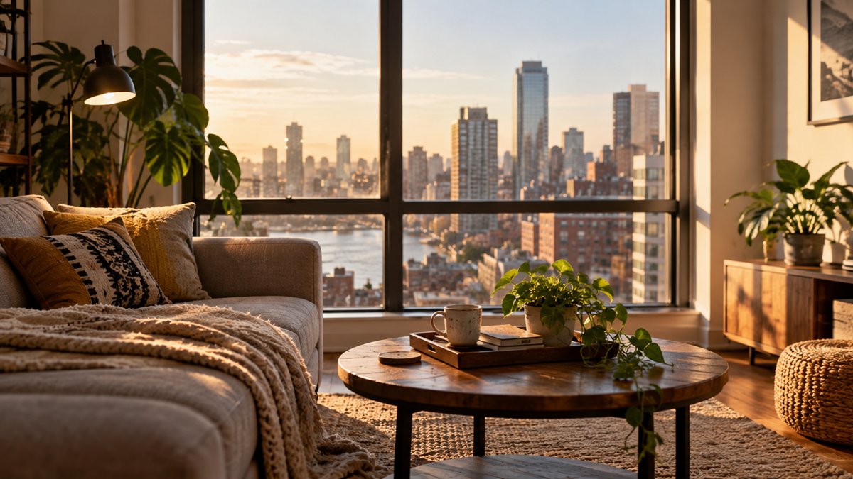 Cozy living room with a beige sofa, plants, and a round wooden coffee table, bathed in warm sunlight. Large windows reveal a city skyline view at sunset.