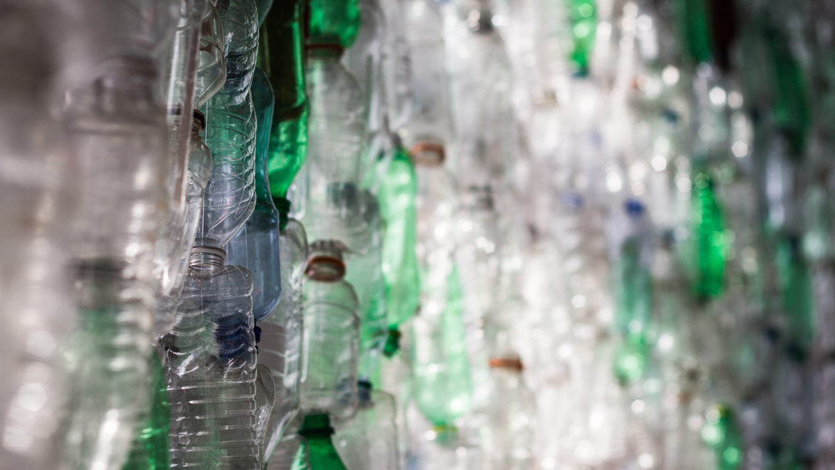 A close-up of many empty plastic bottles, mostly clear with some green, arranged vertically in rows, creating a repetitive pattern with blurred background elements.