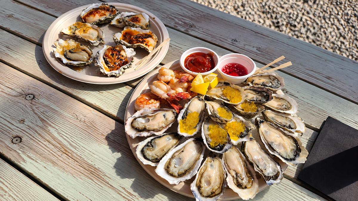 Two plates of oysters sit on a wooden table. One plate has raw oysters with lemon, sauce, and shrimp. The other has cooked oysters with various toppings. Pebbles are visible in the background.