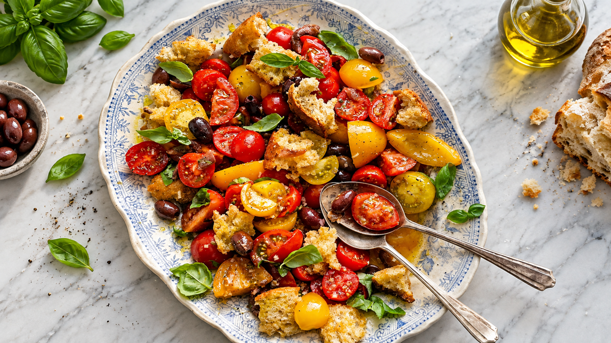 A plate of colorful tomato salad with bread chunks, olives, and basil leaves, placed on a marble surface with a small bowl of olives, fresh basil, olive oil, and bread slices nearby. Two spoons rest on the plate.