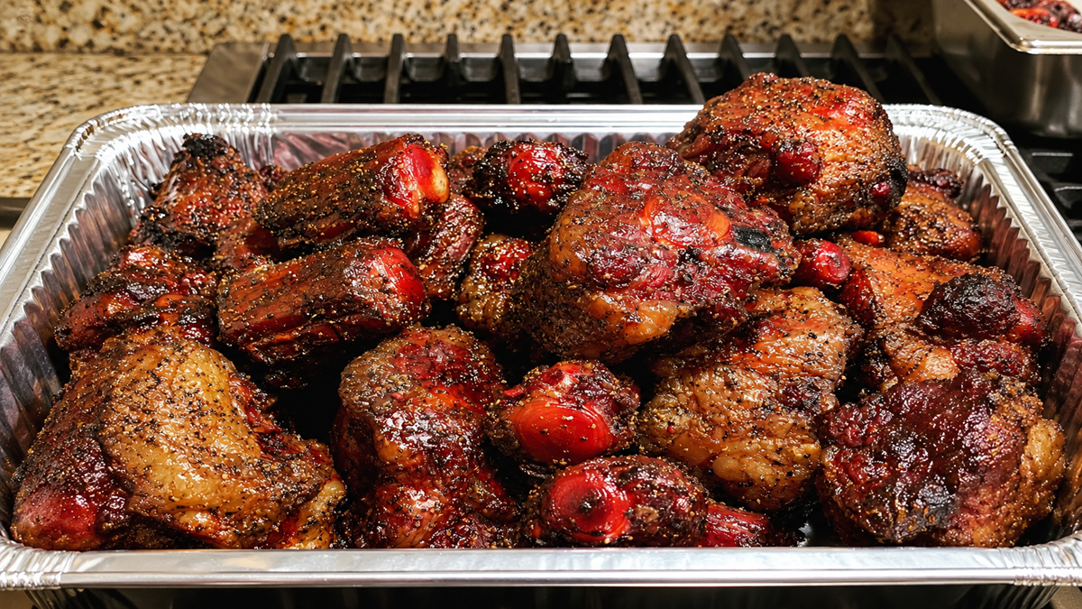 A large aluminum tray filled with seasoned, cooked oxtails, sitting on a stovetop, featuring a charred and glazed exterior.