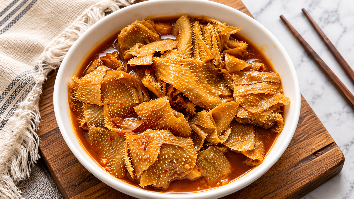 A white bowl filled with spicy beef tripe stew sits on a wooden board, next to a pair of chopsticks and a fringed cloth napkin.