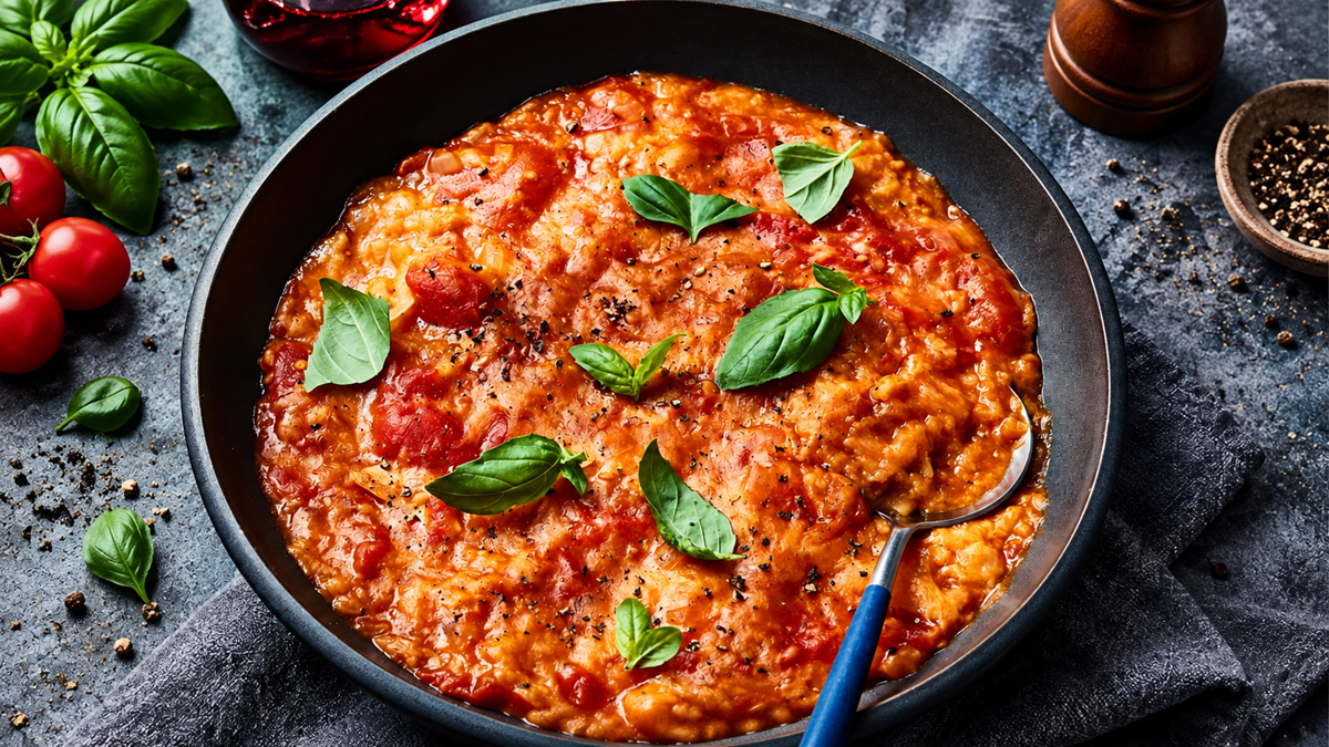 A bowl of tomato risotto garnished with fresh basil leaves, with a spoon resting inside. Cherry tomatoes, basil, pepper, and a glass of red wine are nearby on a dark textured surface.