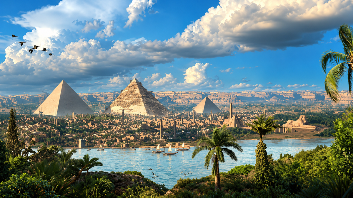 Countries. An ancient Egyptian city with pyramids, palm trees, and the Nile River under a blue sky with clouds and birds flying, featuring boats on the water and distant desert hills.