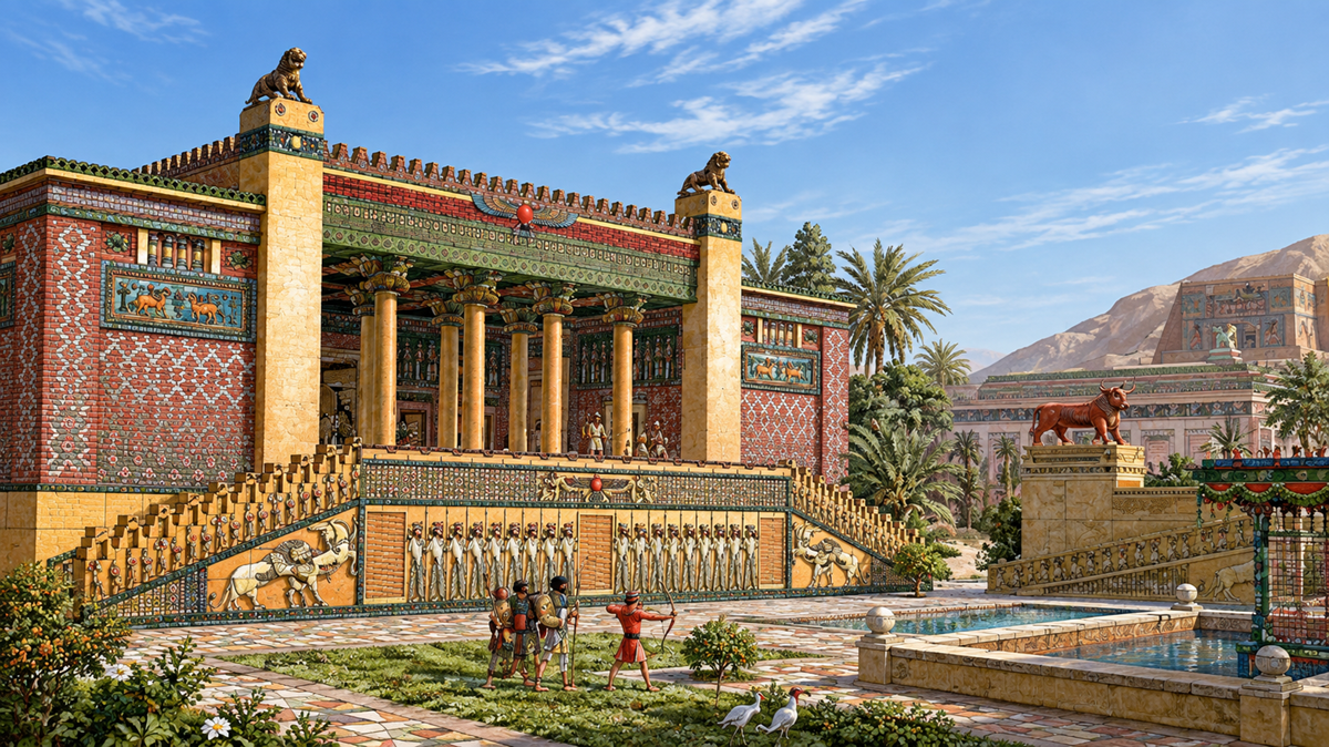 An ancient Mesopotamian palace with grand columns, lion statues, colorful tiles, lush gardens, and people in traditional attire walking near a reflecting pool.