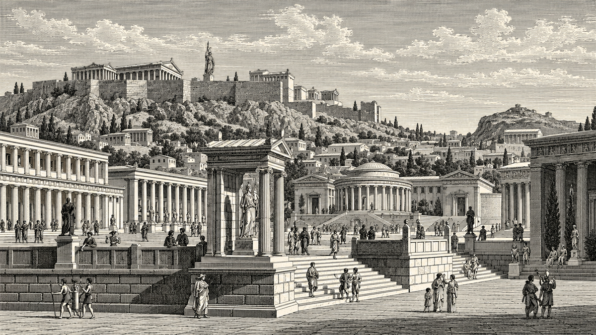 Vintage illustration of an ancient Greek city with grand temples, columns, statues, and people walking in an open plaza; the Acropolis is visible on a hill in the background.