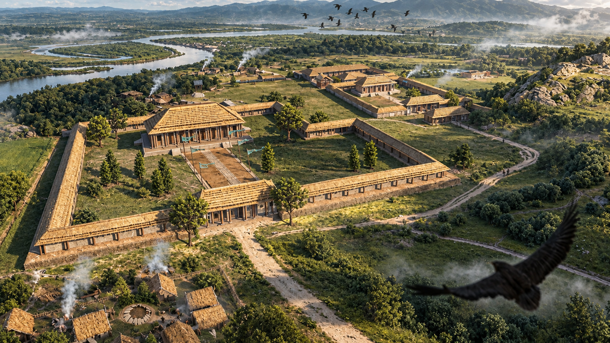 Aerial view of an ancient walled settlement with wooden buildings, surrounded by river, forests, mountains, and scattered huts. Birds fly overhead, and smoke rises from small fires near the settlement.