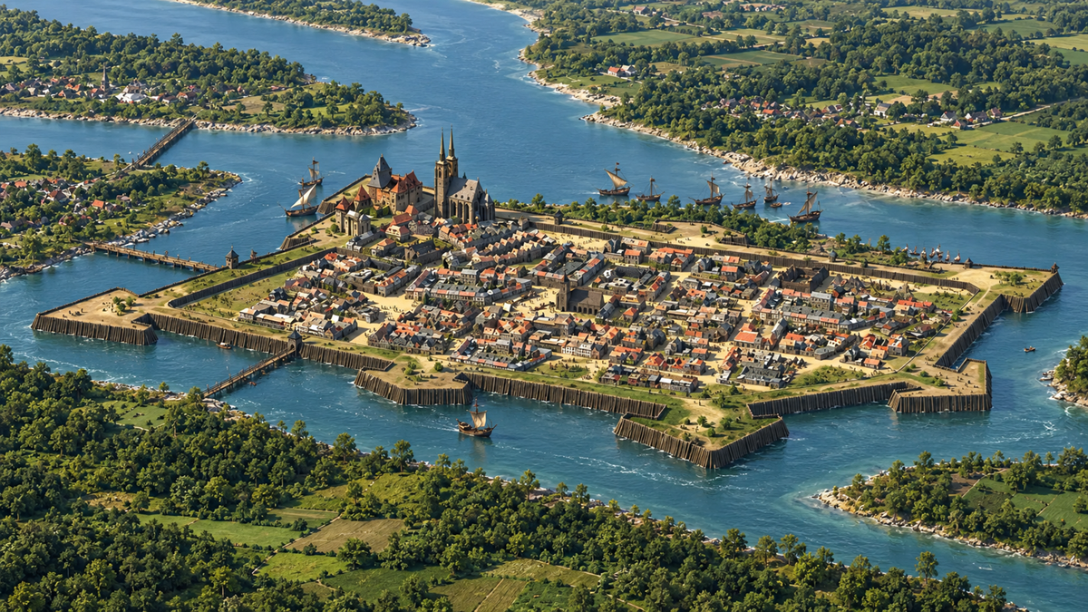 A fortified medieval city sits on an island surrounded by water, with stone walls, towers, and a harbor. Lush green landscape and small villages are visible on the nearby mainland.