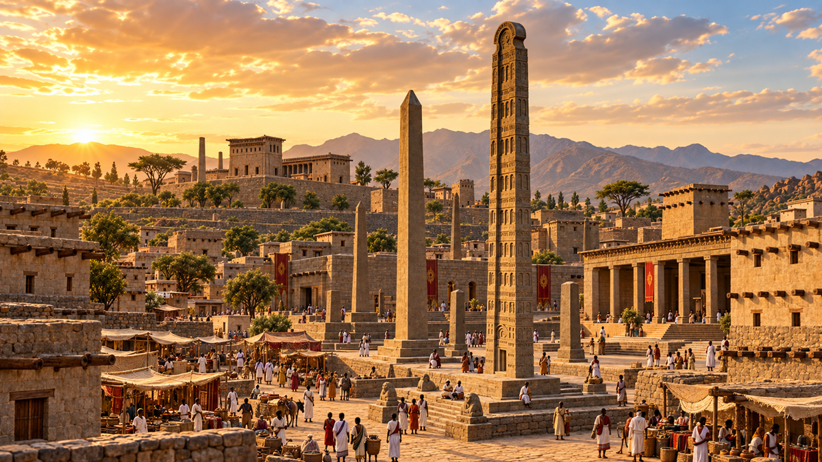 People walk among ancient stone obelisks and buildings at sunset, with mountains in the background and a vibrant market scene in the foreground.