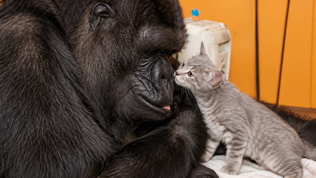 A large gorilla gently touches noses with a small gray tabby kitten indoors, showing a tender moment between two different animals.