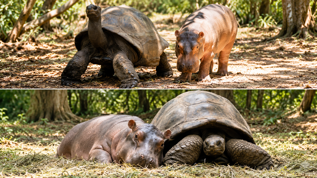 Friendships. Two images: Top—A tortoise and a baby hippo stand side by side outdoors. Bottom—The hippo and tortoise rest on the ground, the hippo leaning against the tortoise’s shell. Both are surrounded by trees and natural light.