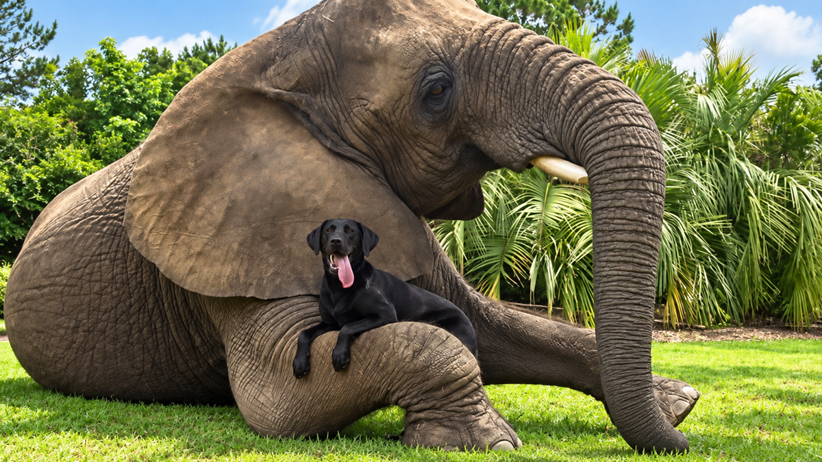 A large elephant sits on grass with a black dog resting comfortably between its front legs. The dog has its mouth open, tongue out, and looks relaxed. Green trees and palm plants are in the background under a blue sky.