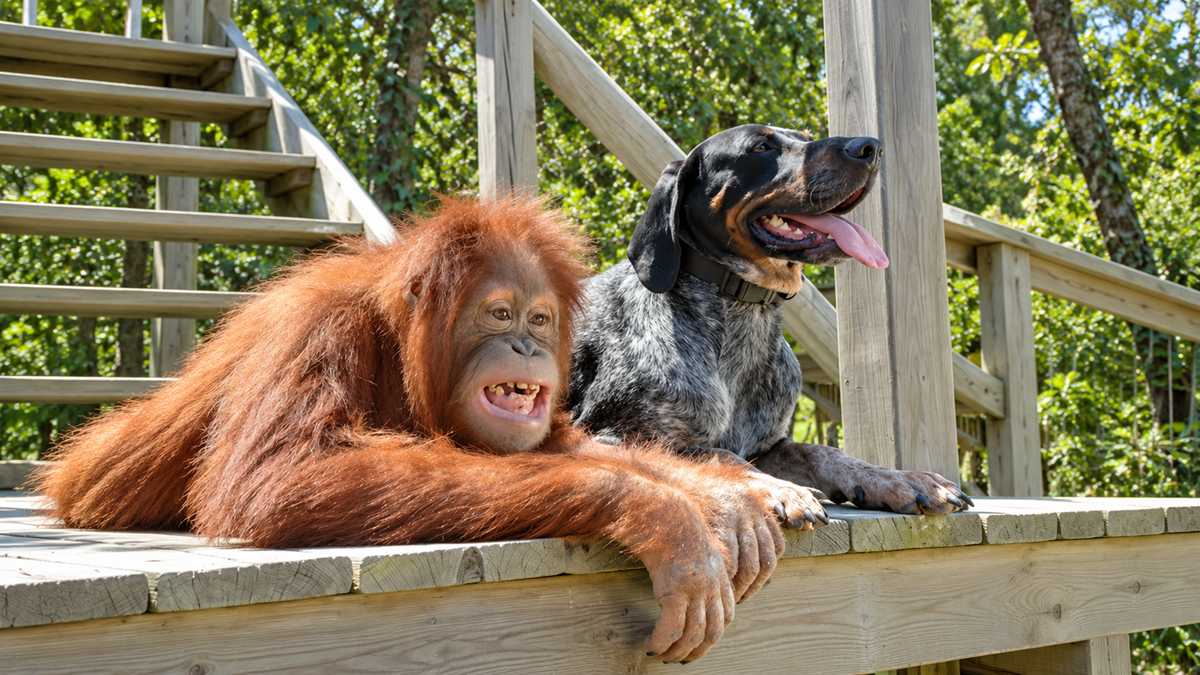 An orangutan and a black-and-grey dog lie side by side on a wooden deck, both appearing relaxed and happy under the sun, with stairs and trees in the background.