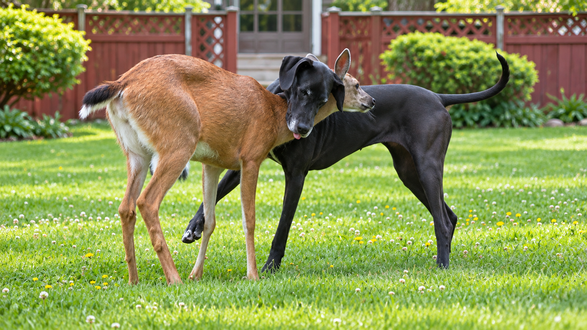 A brown deer and a black dog gently nuzzle each other in a grassy backyard, surrounded by green bushes and a red wooden fence on a sunny day.