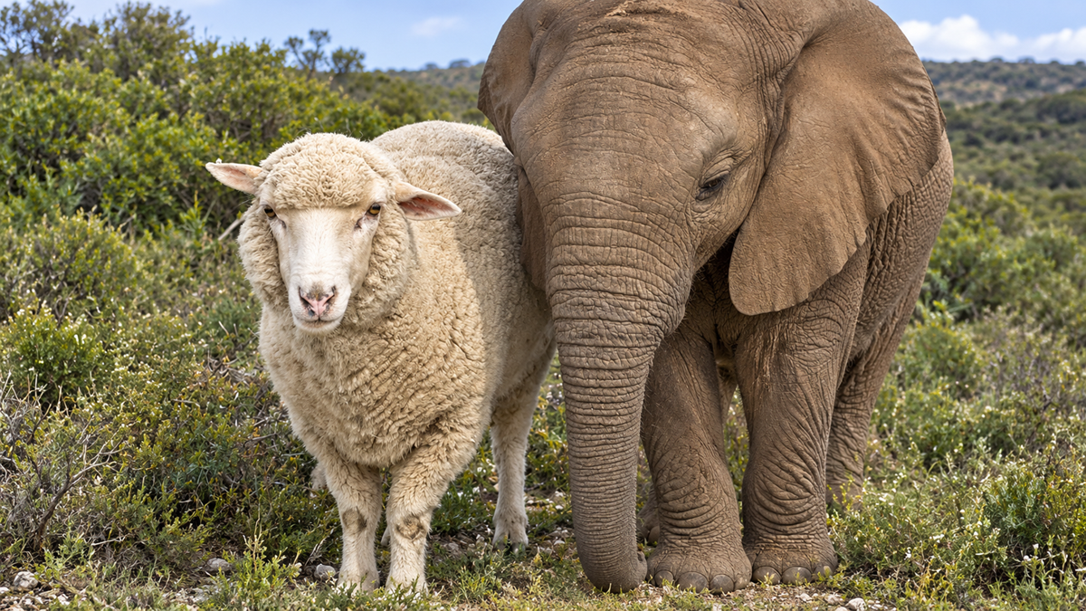 A sheep and an elephant stand close together in a green, bushy landscape, appearing calm and friendly.