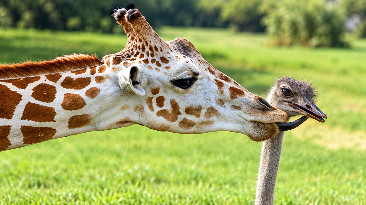 A giraffe gently nuzzles an ostrich’s head with its mouth in a grassy field, both surrounded by lush greenery and blurred trees in the background.