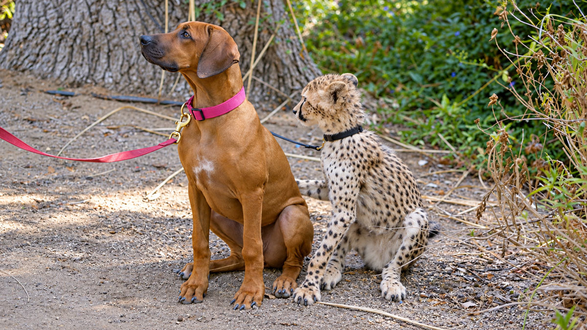 A brown dog on a red leash sits next to a young cheetah with a collar. Both are sitting on dirt near a tree, looking in the same direction. Green plants and branches are in the background.