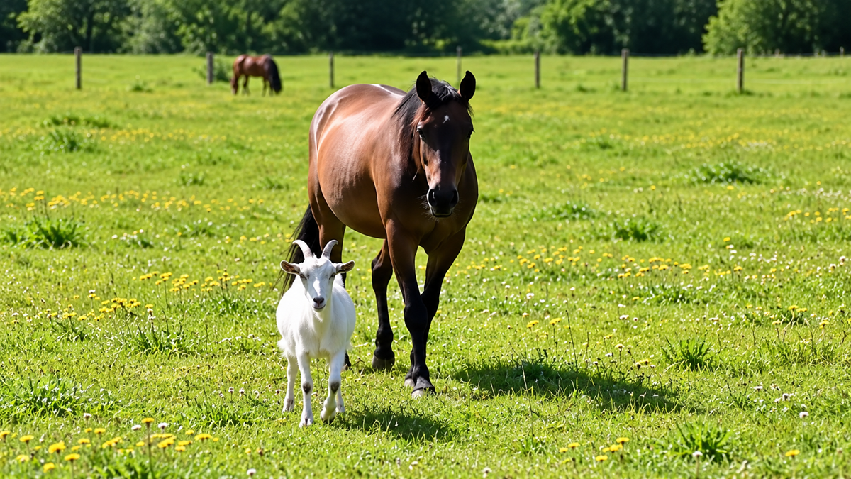 A brown horse and a white goat walk side by side in a green field with yellow flowers; another horse grazes in the background near a fence line.