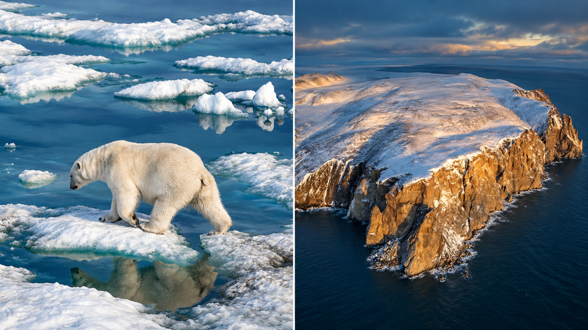 A polar bear walks on floating ice in the sea (left), while a rocky, snow-covered coastal island rises above the ocean under a cloudy sky (right).