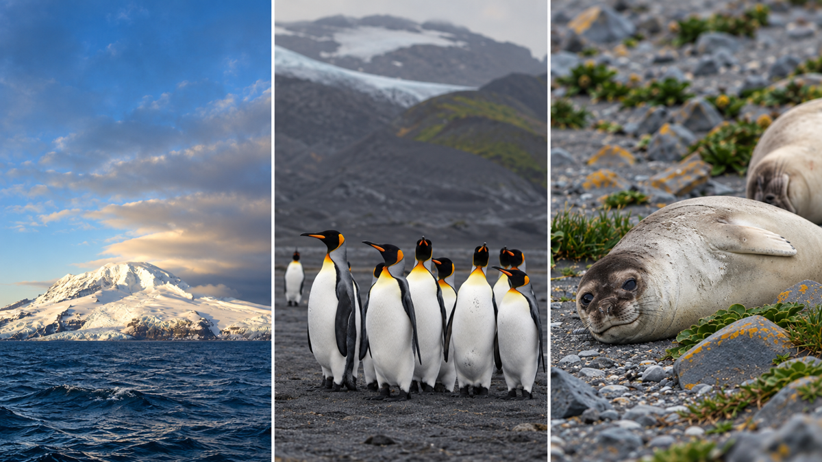 Three-panel image: snowy mountain over ocean, group of king penguins standing on a rocky shore, and a seal lying on rocks with green plants.